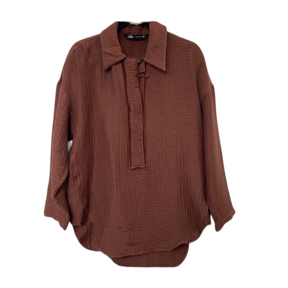 NWOT Zara brown oversized pullover tunic. Buttons down 3/4. Size XS